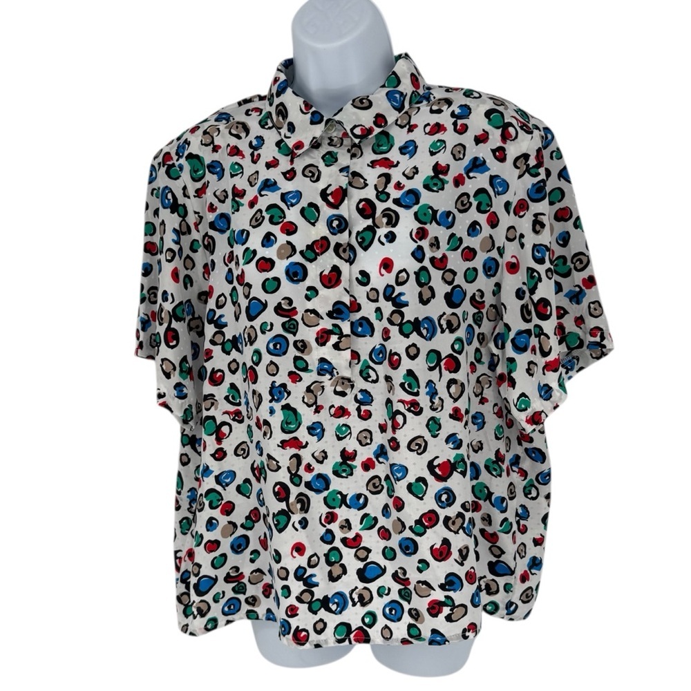 Vintage Cape Cod White Leopard Cheetah Print Short Sleeve Button Down Size 18